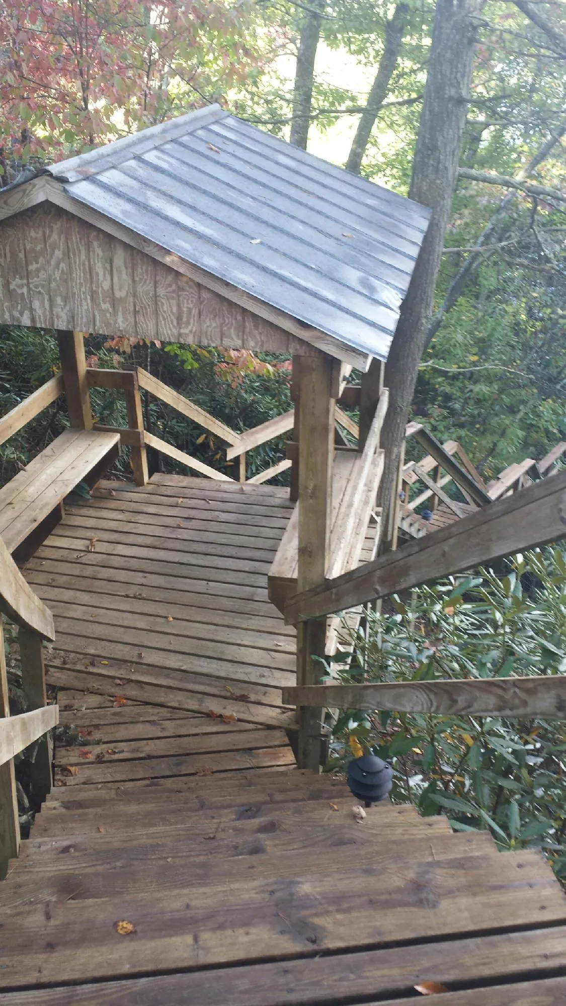Metal roofed shelter over wooden steps on a wooded walkway — Skylight Repair & Installation work by our crew in East Millsboro